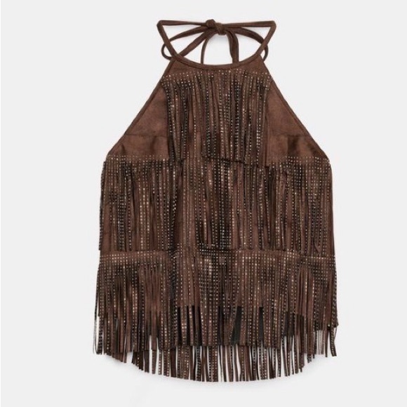 Zara Tops - ZARA Dark Brown shimmer faux suede fringe top size large